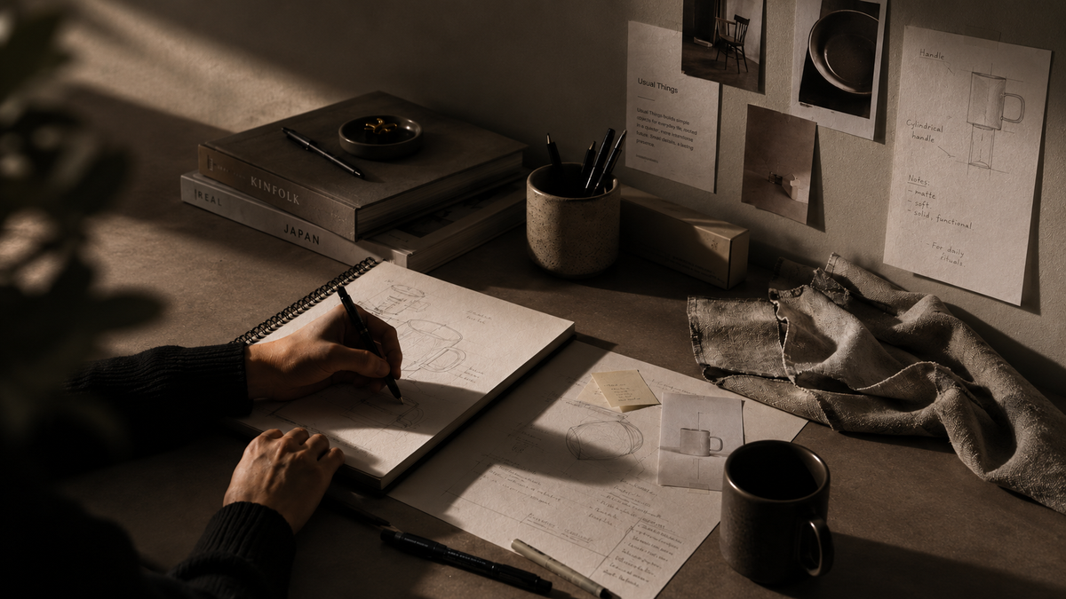 Usual Things design studio desk with sketches and mood board